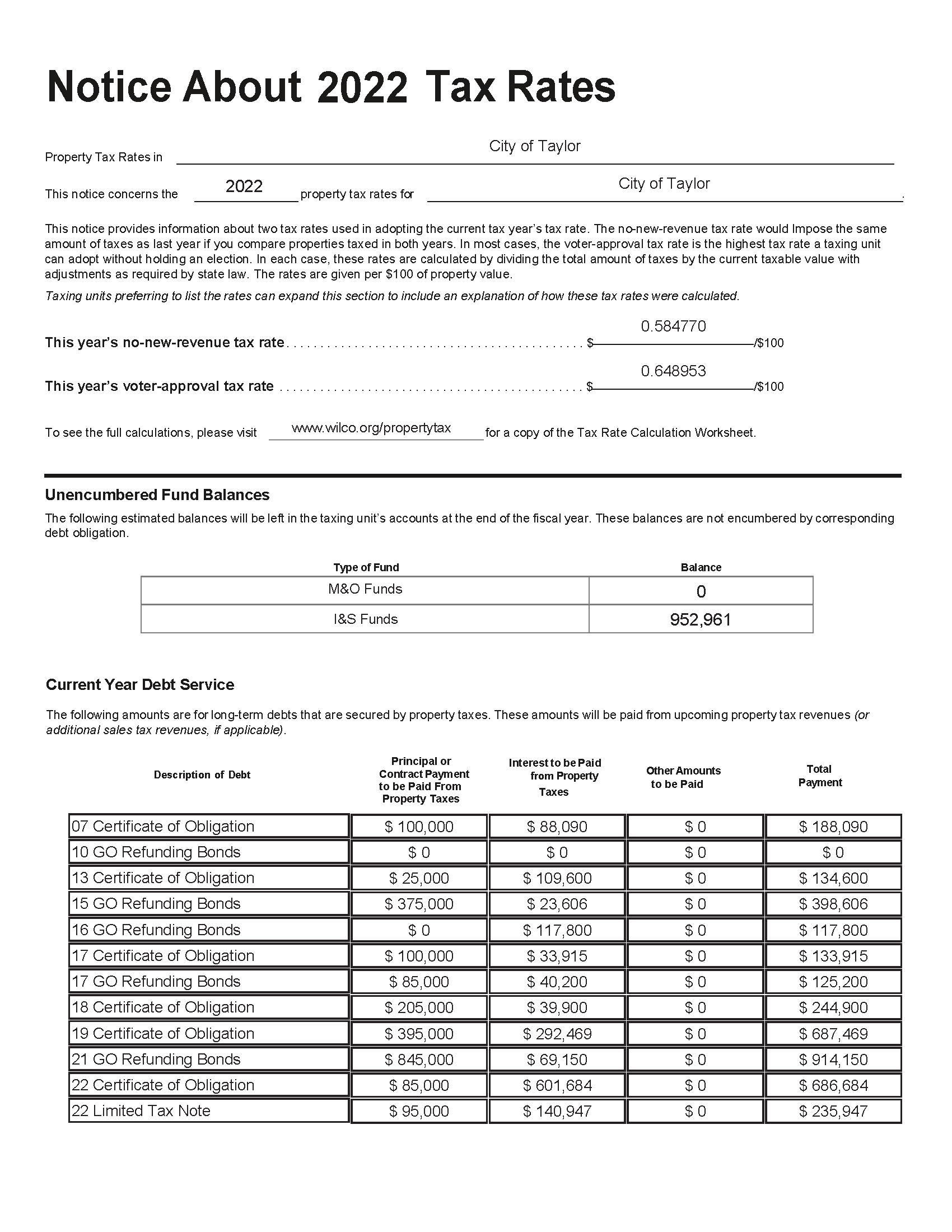 Page one of the Fiscal Year 2022-23 Tax Rate Notice