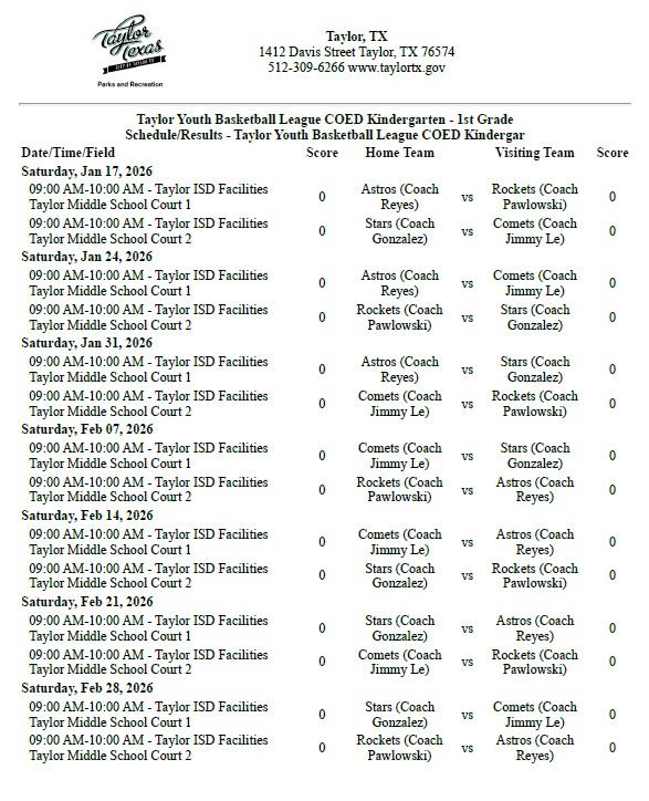 Kindergarten - First Grade Game Schedule